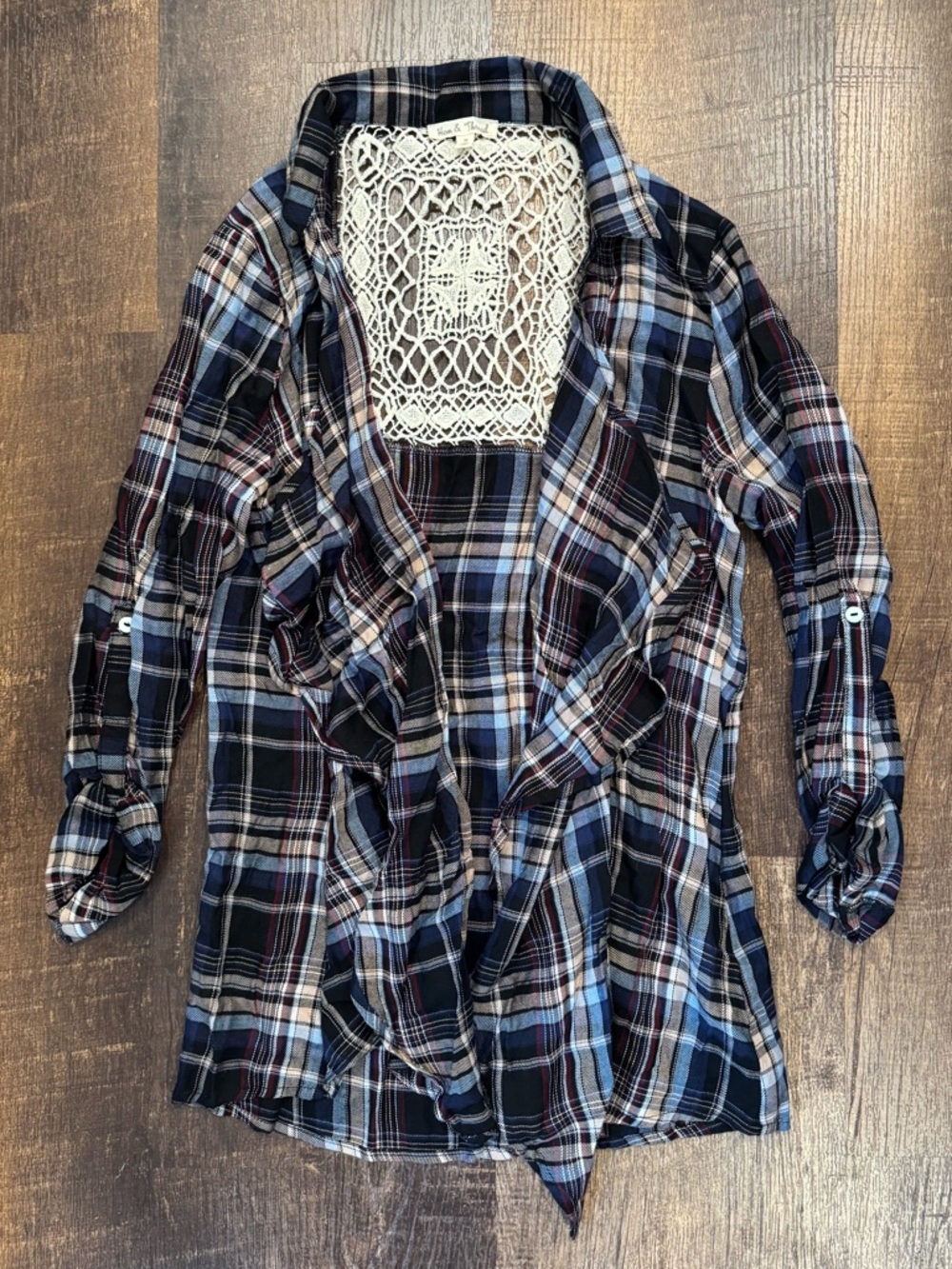 Hem & thread open front plaid shirt cardigan